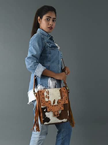ADYAN Western Genuine Leather Floral Tooled Fringe Womens Crossbody Bag - Leather Cross Body Western Bag with Leather Strap for Women2