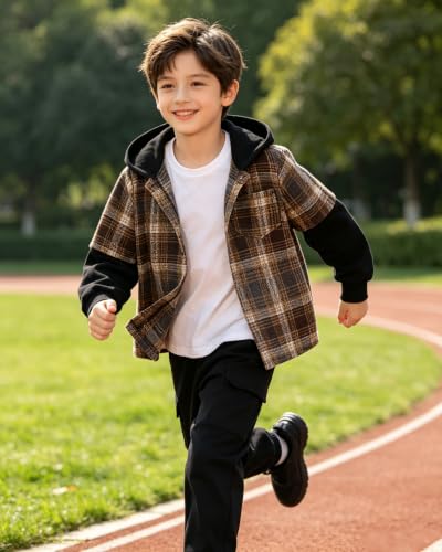 Image of 2Pcs Kids Boys Flannel Plaid Shirt Tops Pants Set Hoodie Sweatsuit for Fall Winter Spring Outfits 4-12 Years