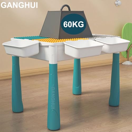 مجموعة طاولة وكرسي متعددة الوظائف للأطفال، سطح لعب مكعبات البناء، محطة رمل/ماء ومكتب دراسة مع كراسي - لعبة تعليمية متعددة الوظائف للأولاد والبنات من عمر 3-10 سنوات (أزرق أ)