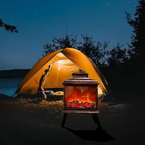 Image of Small Cozy Fireplace Lantern Traditional Realistic Log Wood Burning Flame Effect Ligh LED Charcoal Style Table LampFor Indoor & Outdoor Use