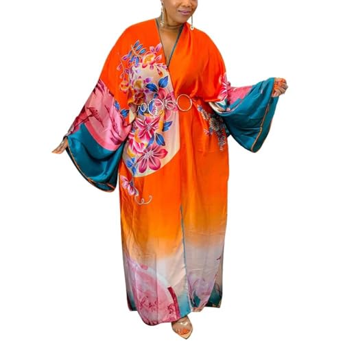 Cárdigan kimono floral de satén largo para mujer estilo bohemio 2