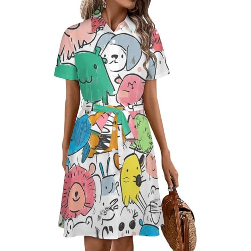 Vestido midi de botones fresco que evita el calor con dibujos de jirafas
