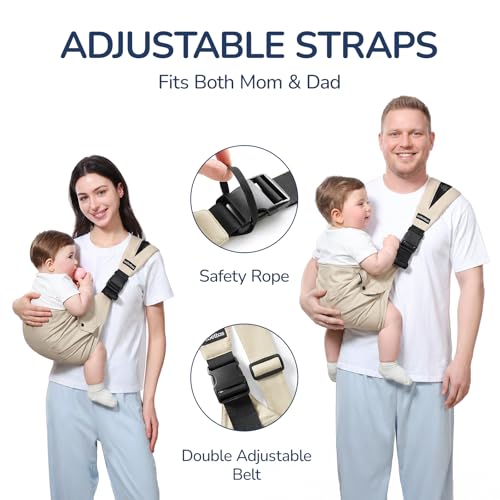 Image of Baby Sling Carrier for Toddlers 4-36 Months (8-35 lbs), Ergonomic Hip Carrier with Wide Shoulder Padding, Adjustable Waist Strap & Storage Pocket, 100% Cotton, Hands-Free & Comfortable,Beige