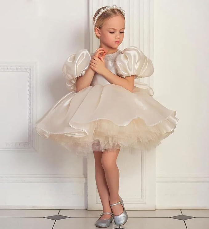 GZCYL Short Flower Girl Dress Princess Puff Sleeves Satin Toddler Pageant Ball Gowns Knee Length3