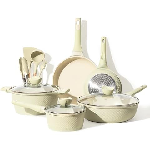 CAROTE Topfsets Pfannenset12-teilig,Pfanne 20,26cm,Stielkasserolle 1.8L,Topf 4.3L,Tiefe Bratpfanne 30cm,Antihaft-Beschichtung mit Deckel,Pfannenwender,Kochlöffel,Küchenzange Cover