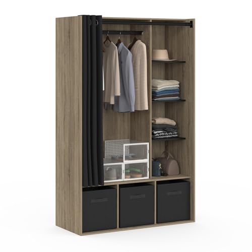IDMarket - Dressing penderie Diane 105 x 50 x 172 cm hêtre avec étagères + boites de Rangement + Rideau Noir