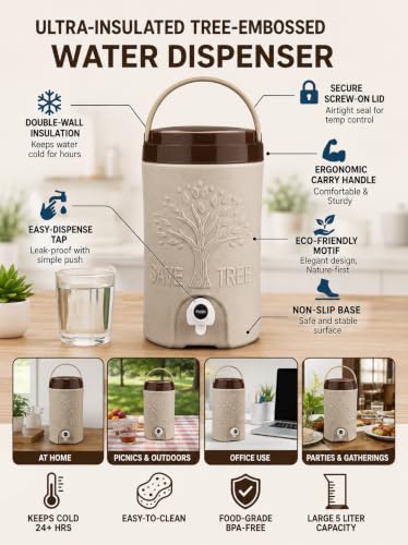 Image of 5L Insulated Water Jug with Tap & Handle | Portable Water Dispenser for Home, Office, Travel, Picnic & Outdoor Use | Leakproof Beverage Container, Grey & Blue (Brown)