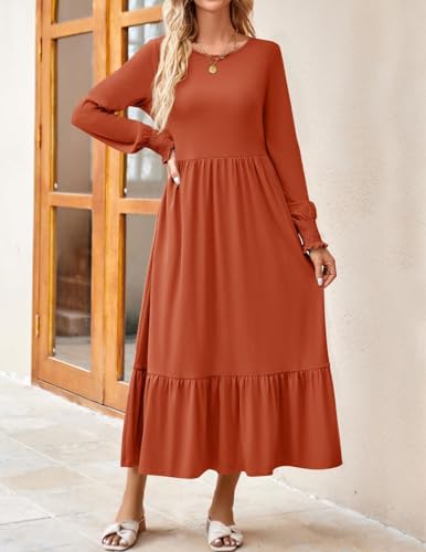ZESICA Women's 2025 Fall Long Sleeve Dress Crewneck Casual Loose Pleated Tiered Swing Midi Dresses with Pockets2