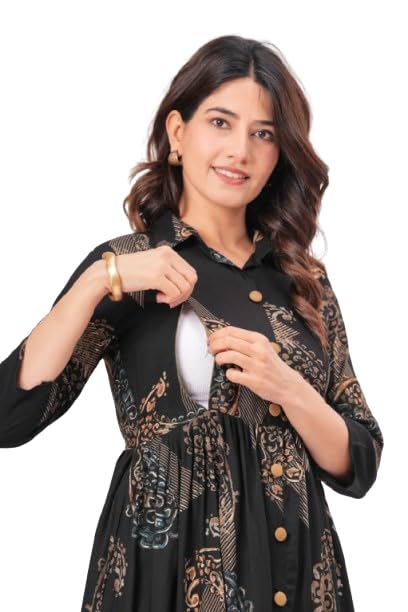 Women's Printed Maternity Feeding Kurta with Concealed Side Zipper | Front Button Design | Soft Comfortable Pregnancy & Nursing Dress-image-42