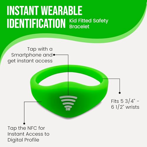 Image of Kids ID Bracelet - Fitted NFC Safety Wristband, Slip-On Child ID Band for Emergency Contact Info, Waterproof Silicone, Not GPS, Wear on Wrist or Ankle, Ideal for Theme Parks, Travel & Beaches