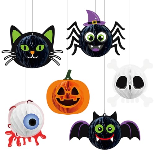 Luxvara 6 Piezas Adorno de Colmena de Halloween, Calabaza, Murciélago, Araña Papel de Terror Colgante, Decoraciones para Fiesta de Halloween para Colgar en Ventanas, Árboles, Techos y Paredes