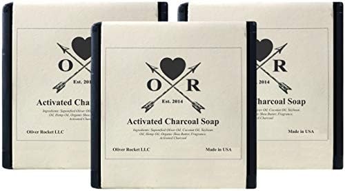 Oliver Rocket Activated Charcoal Soap (3 bar set) - 5 ounces each - Natural Handcrafted Face & Body Soap for Dry Sensitive Skin - Made in USA with Coconut & Olive Oil