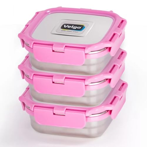Image of Veigo Original Set Pack of 3 Stainless Steel Airtight & Leakproof Medium Lunch Box with Silicon Ring & Polymer Frame for Re-Heating|Safe Lid Lock|Square (330ML) Pink