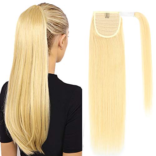 Ponytail Extension Human Hair Clip in 14Inch Wrap Around Ponytail Hair Extension 80g Remy Human Hair Ponytail Extension Straight for Women (14" 80g, #613Light Blonde)