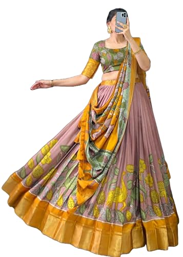 Lehenga en soie Dola imprimé Kalamkari avec broderies Zari chic pour femme moderne