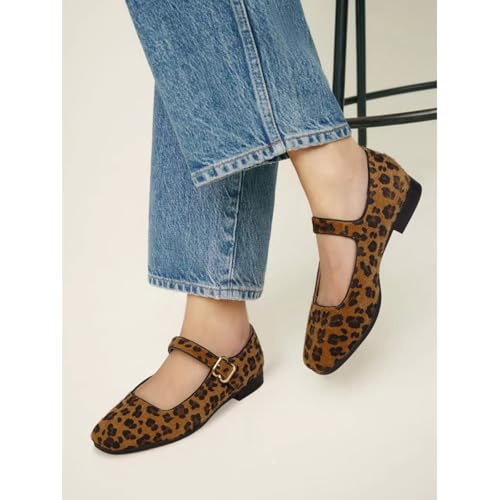 Image of DOEYG Mesh Ballet Flats Shoes for Women Leopard Animal Print Mary Jane Flats Shoes Square Toe Dress Casual Comfortable Velvet Ballerina Shoes