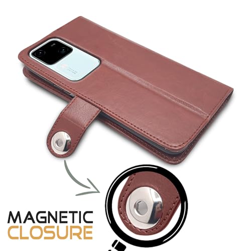 Image of Pikkme Vivo V30 5G Flip Cover Leather Finish | Inside TPU with Card Pockets | Wallet Stand and Shock Proof | Complete Protection Button Flip Case (Brown)
