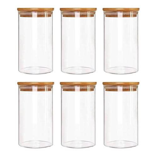 Image of Borosilicate Spice Jars with Airtight Bamboo Lid Kitchen Food Storage Container Set with Natural Bamboo Lids For Candy, Rice, Sugar, Flour, Pasta, Nuts (320ML JARS, 6 PCS, Transparent)