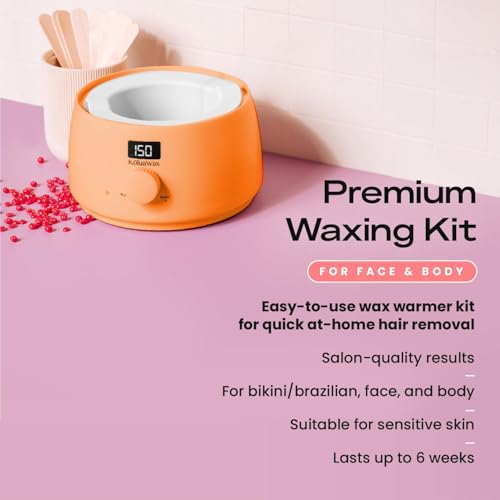 KoluaWax Premium Waxing Kit for Women - Hot Melt Hard Wax Warmer for Hair Removal, Eyebrow, Bikini, Legs, Face, Brazilian Wax - Machine, 4-Pack Beads, Accessories, Peach Fuzz