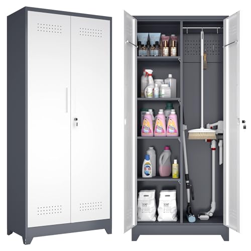 GREATMEET Metal Garage Storage Cabinet, 73' H Broom Closet Storage Cabinet, Locking Utility Cabinet...