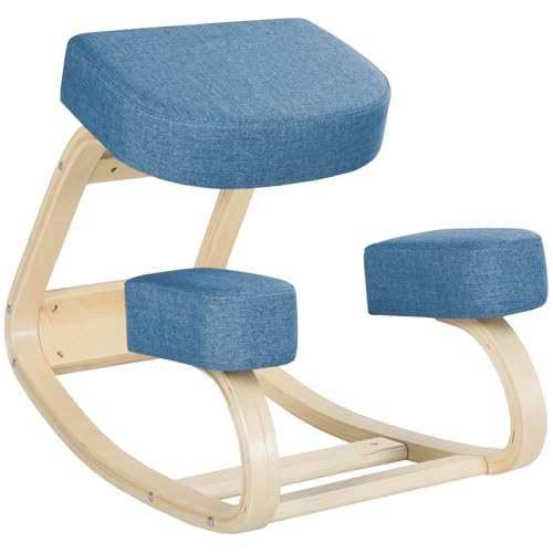 Vinsetto Sedia Ergonomica con Inginocchiatoio in Legno di Betulla, Sedia Posturale con Cuscino in Gommapiuma e Poliestere per Casa e Ufficio, Blu