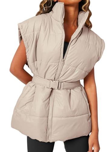 Danedvi Women's Oversized Puffer Vest Stand Collar Cap Sleeve Padded Gilet Outerwear with Belted