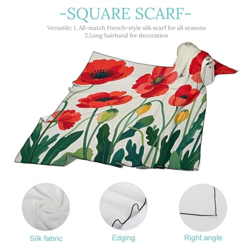 Silk Square Scarf Poppy Flowers Neck Scarf for Women Hair Scarf Lightweight Large Shawl Wrap Silk Scarves for Hair Wrapping Sleeping Silk Neckerchief Headscarf4