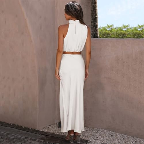 ODIZLI Womens Sets 2 Piece Satin Outfits Summer Sleeveless Mock Neck Crop Tops + Long Skirt Dress Evening Party Sets4