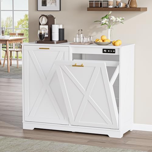 Image of Double Tilt Out Trash Can Cabinet, Wooden Farmhouse Kitchen Garbage Bin Enclosure with Negative Ion Odor Control, Hidden Dog Proof Trash or Laundry Basket Storage for Laundry Room, White