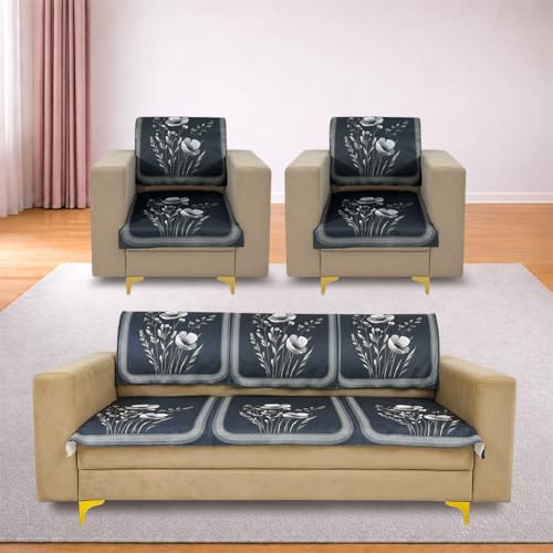 Image of Homerz Premium Waterproof Jasmine Joe Sofa Seat Cover - Floral Printed Sofa Protector | Non-Slip, Washable & Durable Sofa Protector (Grey, 5 (3+1+1) Seater with Back)