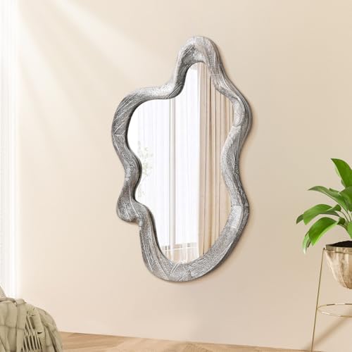 Lzuso Large Asymmetrical Wall Mirror Irregular Wood Frame Modern Unique Wall-Mounted Artistic Wavy Mirrors Decor Bathroom Vanity Bedroom Living Room Entryway Hallway