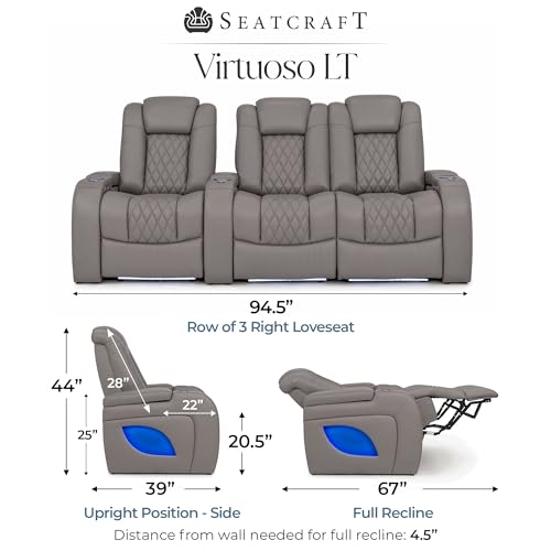 Image of Seatcraft Virtuoso LT Gray Italian Leather Home Theater Seating, Zero Gravity Power Recliner, Heat and Massage, Powered Headrest and Lumbar Gaming and Home Office Chair, Row of 3 Right Loveseats