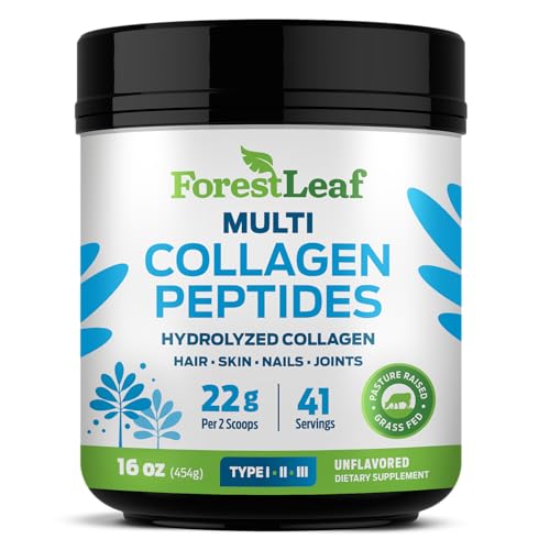 ForestLeaf Collagen Peptides Powder Unflavored - Hydrolyzed Grass Fed Keto Collagen Protein Powder Type 1, 2 & 3 - Vital Hair, Skin, Nails, Joints, Recovery, 11g Per Serving