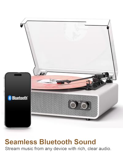 Bluetooth Vinyl Record Player with Built-in Stereo Speakers, Upgraded Sound Quality, 3-Speed Belt-Drive Turntable with Auto Stop, AUX/RCA, White Wood Grain Vinyl Player for Home Audio & Gift Use - Les Beatles, Paul McCartney, John Lennon, RIngo Starr, George Harrison Bluetooth Vinyl Record Player with Built-in Stereo Speakers, Upgraded Sound Quality, 3-Speed Belt-Drive Turntable with Auto Stop, AUX/RCA, White Wood Grain Vinyl Player for Home Audio & Gift Use – Image 8