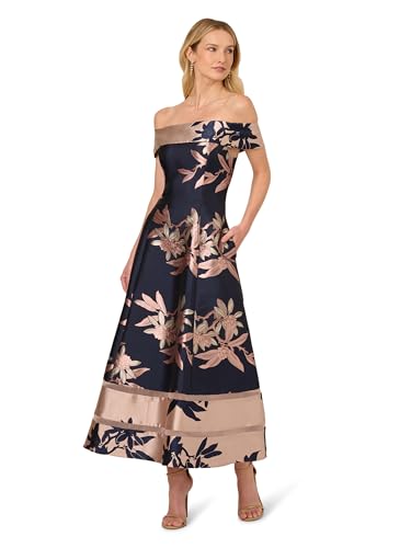 Adrianna Papell Women's Off Shoulder Jacquard Dress, Navy/Blush, 18