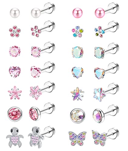 LOYALLOOK 14Pairs Hypoallergenic Screwback Earrings for Women Girls Tiny CZ Pearl Ball Heart Flower Screw Back Earring Studs 316L Stainless Steel Stud Earrings Flatback 20G Over 3 Years Old