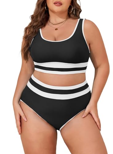 Eytino Women's Plus Size Bikini Sets Push Up Bikini Top High Waisted Bottom Two Pieces Bathing Suits,3X Black