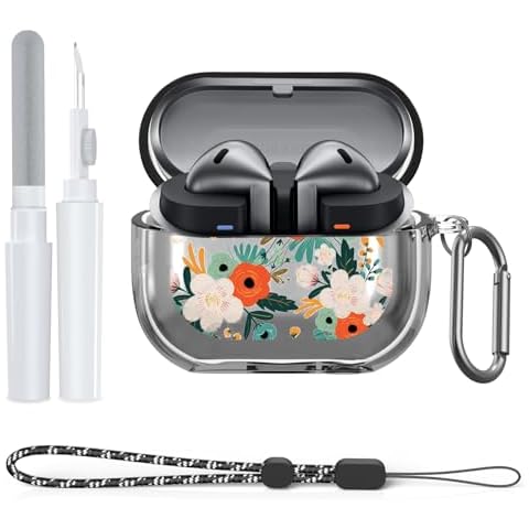 Compatible with Samsung Galaxy Buds3 Pro and Galaxy Buds 3 (2024) Case with Cleaner Kit, Soft TPU Protective Case with Carabiner & Lanyard Accessories Set(Red Flower) Cover