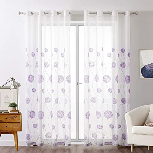 MIULEE Embroidery Sheer Curtains Flora Design Grommet Window Curtain Semi Voile Drapes Panels with Eyelets Window Treatments for Living Room Bedroom 2 Panels 55" W x 96" L Purple