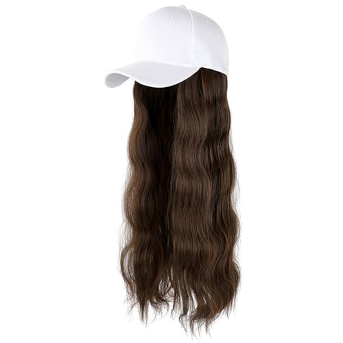 ASAYUMI Hat Wig for Women Baseball Cap with Hair Extensions Adjustable Hat Attached 20" Long Wavy Hairpieces Synthetic Wig Medium Brown