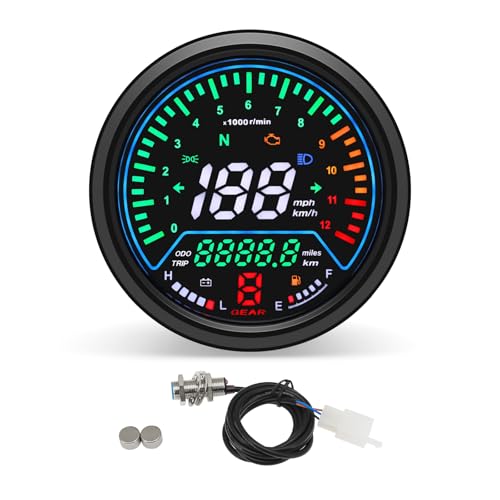 Universal Motorcycle Speedometer with Tachometer 12000 RPM, 6 Gear, Mileage, Volt, Oil Level, Indicator Light Km/h MPH LCD Anti-Glare 12V Digital Speedometer for Motorcycle Gauge Cluster