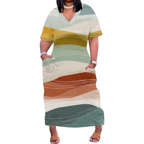 EQQZD Plus Size Maxi Dresses for Women Short Sleeve V Neck Geometric Printed Casual Long Gowns with Pockets