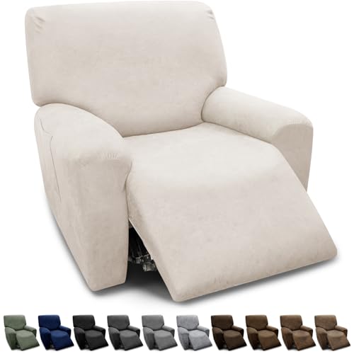 Pfrstuv Chair Covers 4-Pieces Recliner Chair Covers 1 Seater Cover for Recliner Chair Leather Look Recliner Slipcovers with Pockets Furniture Covers (XL Recliner, Beige)