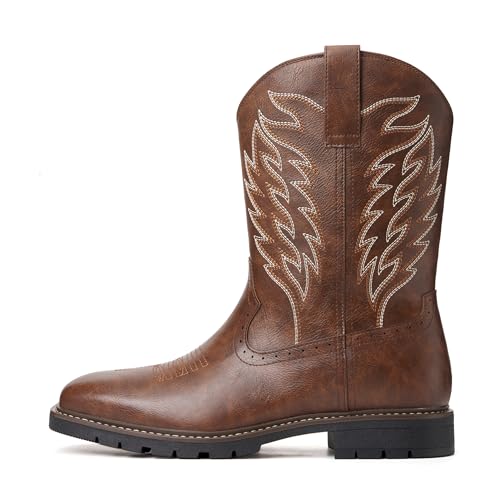 Image of Julyrose Men's Cowboy Boots - Western Boots Square Toe,Slip Resistant,Retro Embroidered Design,Slip on Chunky Heel Country Boot
