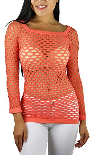 ToBeInStyle Women's Elastic Nylon-Spandex Long Sleeve Fishnet Layer Blouse Top - Coral - One Size