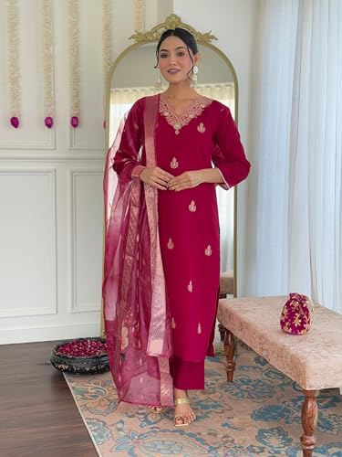 Image of Naixa Women's Viscose Embroidered Straight Kurta with Pant and Dupatta Sets (Available in Plus Size) (NX-674)
