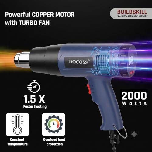 Image of DOCOSS Heat Gun Machine 2000W with Digital LCD Display, Hot Air Gun Machine 60C-600C With Temperature Control, Heat Gun for Shrink Wrapping & Packing, Heat Blower Gun with Copper Motor