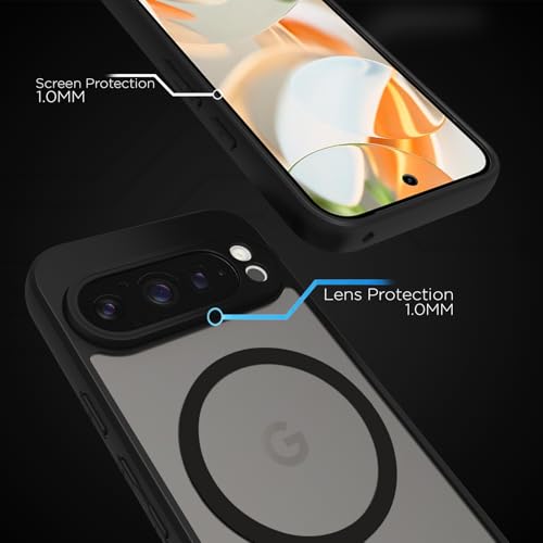 Image of RIGGEAR Shockproof Sleek Hybrid Armor Magnetic Back Cover Case Compatible with MagSafe Accessories for Google Pixel 9 Pro (Smoke Black Matte PC + Black TPU Bumper)