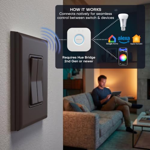 Image of RunLessWire Click for Hue Battery-Free Wireless Smart Switch 3 Pack Brown | Dimmable Kinetic Switch Pairs Natively to Philips Hue Bridge, 4 Programmable Buttons to Control Scenes & Areas, 100ft Range