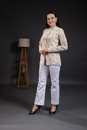 Image of Wear lusso Women Woolen Round Neck Self Design Cardigan | Heavy Hair Fabric Winter Wear | Pure Wool Long Cotty Fully Warm Cardigan Sweater